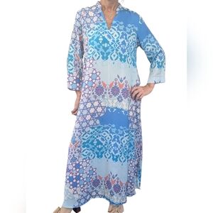 Natori Kaftan Nightgown Floral Maxi V-Neck Pockets Whimsical Kimono Dress Size S